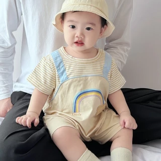 ฤดูร้อนใหม่เสื้อผ้าเด็กชายหญิงบอดี้สูทแขนสั้น 0-24 เดือนทารกบางน่ารักสุดน่ารักหมี ประกบกัน ลาย ชุดรอมเปอร์
