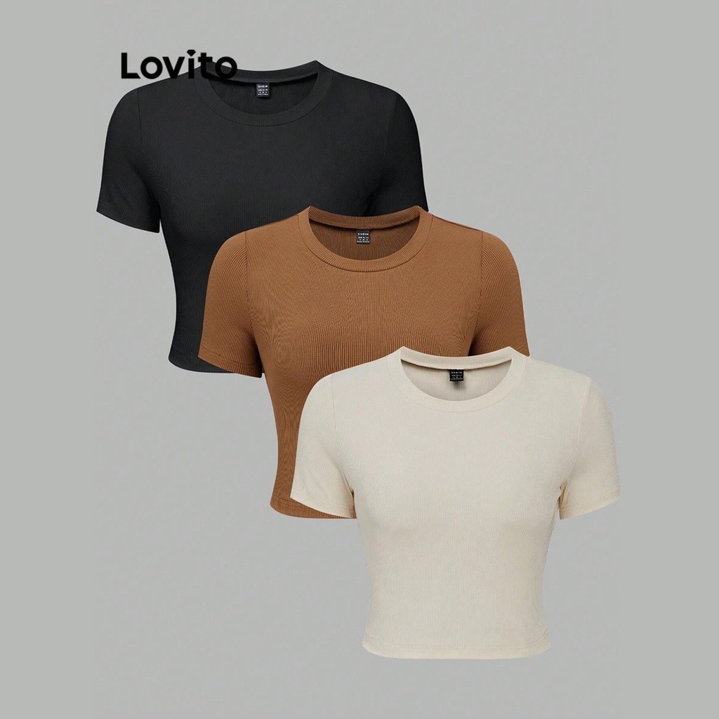 Lovito เสื้อครอปผู้หญิง เบสิก สีพื้น หรูหรา L74ED115 (เซ็ทสามชิ้น / สีแอปริคอต / สีน้ำตาล / สีดำ)