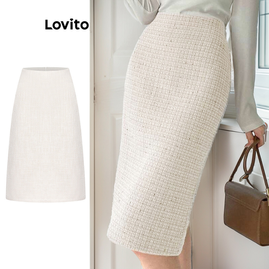 Lovito กระโปรงผู้หญิง ผ่าด้านหลัง สีพื้น หรูหรา L74ED150