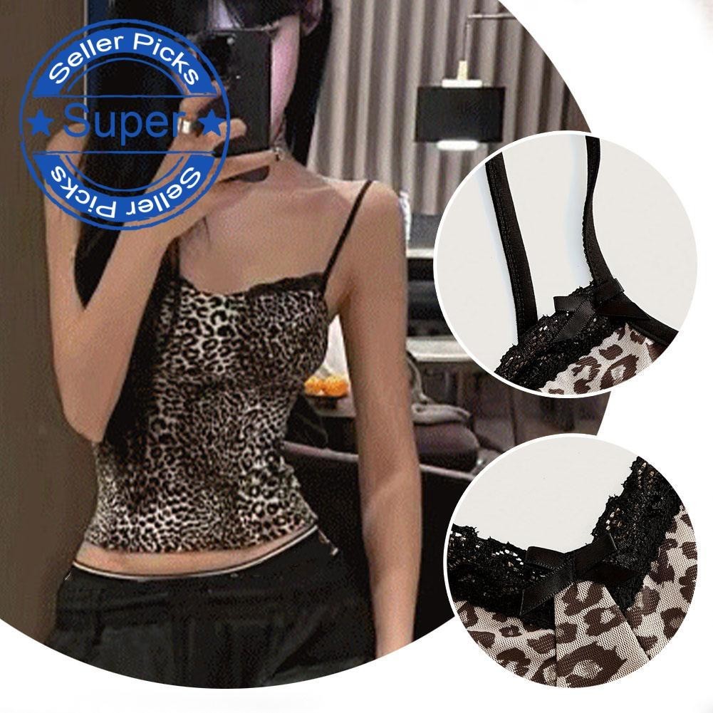 Tiger Star พิมพ์ตาข่าย Camisole สําหรับผู้หญิงเสื้อแขนกุดลูกไม้ Embellishment Slash คอฤดูร้อนใหม่ 2024