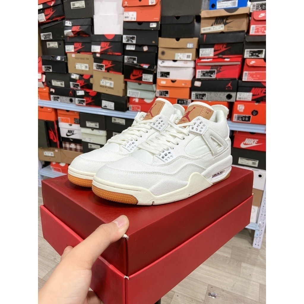 Nk AJ 2018 Levis x Air Jordan 4 White Denim AO2571-100 รองเท้าบาสเก็ตบอลกีฬา 5K12