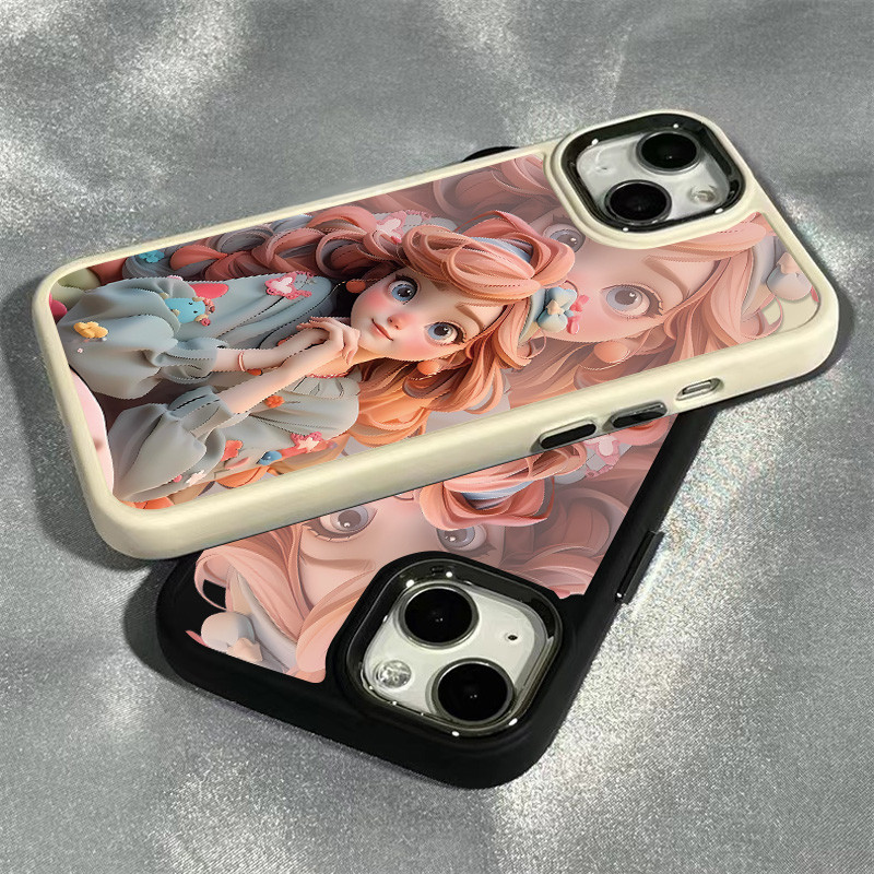 การ์ตูนสวยผมยาวเจ้าหญิงเคสโทรศัพท์สําหรับiphone 7 8 8Plus 11 12 13 14 15 Pro Max X XS XR SE 2020metalกรอบซิลิโคนใจกว้างฝาหลัง