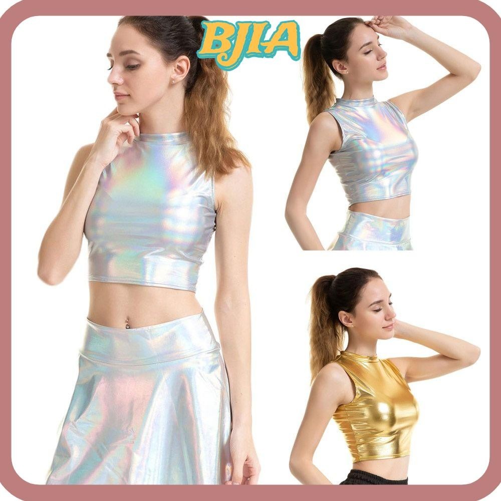 Bja Bralette Tops, เครื่องแต่งกายแขนกุด, ผู้หญิงหนังเทียม Slim Shiny Short Crop Top ไนท์คลับ