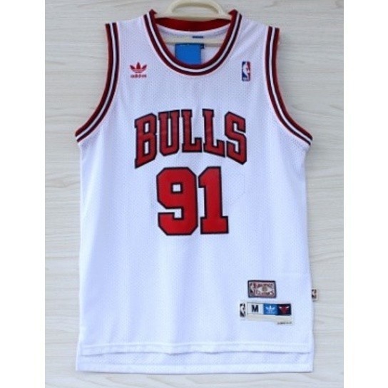 New NBA Mens Chicago Bulls #91 เสื้อบาสเก็ตบอลปักวินเทจ Dennis Rodman สีขาว