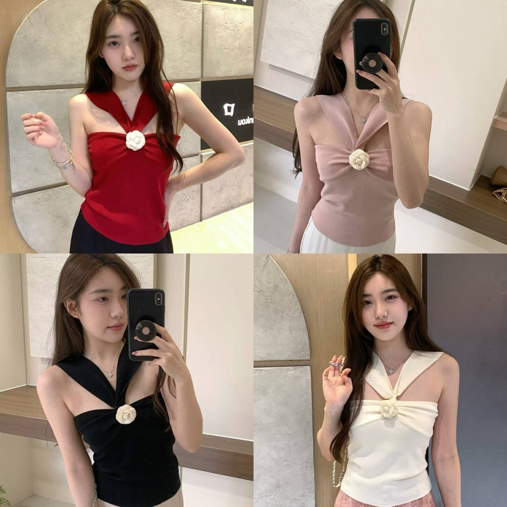 Anne เสื้อกล้ามผู้หญิง ถัก ผ้านิ่มเด้ง ตกแต่งดอกไม้ ครอปกล้าม สไตล์ลำลอง #31072