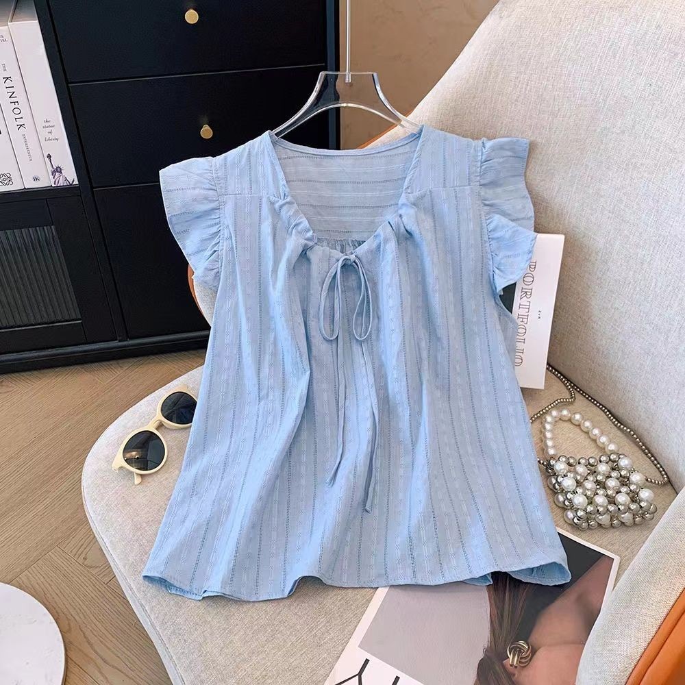 สไตล์ตะวันตก Laced-Up เสื้อแขนสั้นผู้หญิง 2024 ฤดูร้อนสไตล์ใหม่ Ruffled Drawstring หลวมขนาดเล็กสดเสื้อแขนกุด