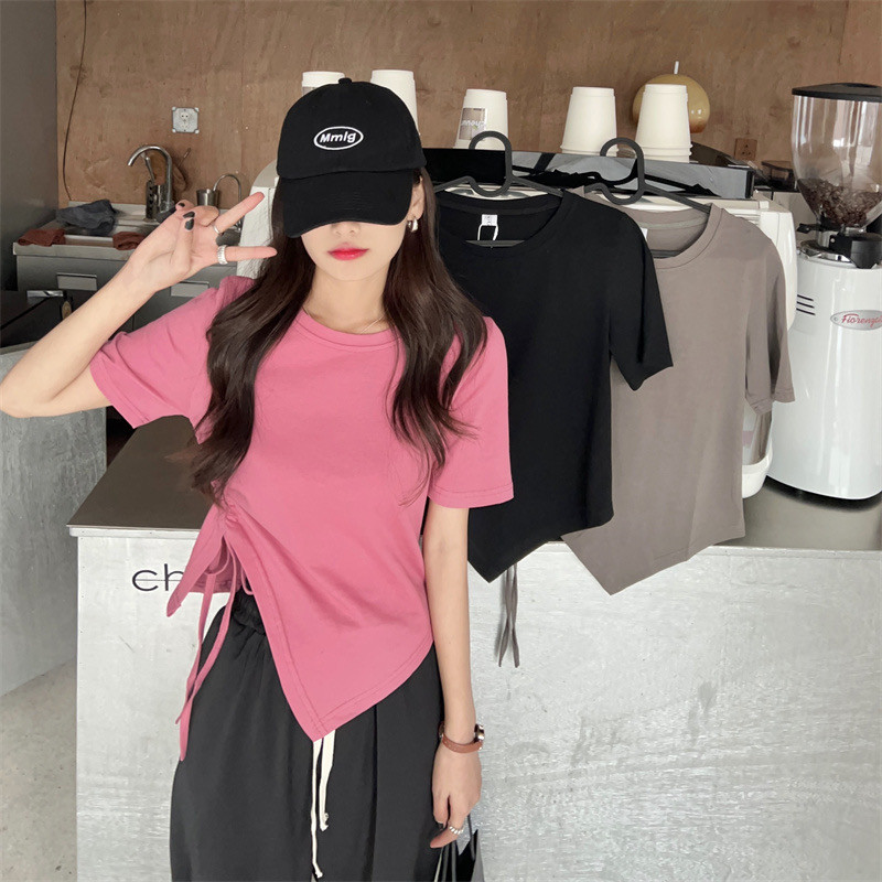 【WJZ】เสื้อยืดสั้นเชือกไม่สม่ําเสมอ Niche สีทึบ【t2#】