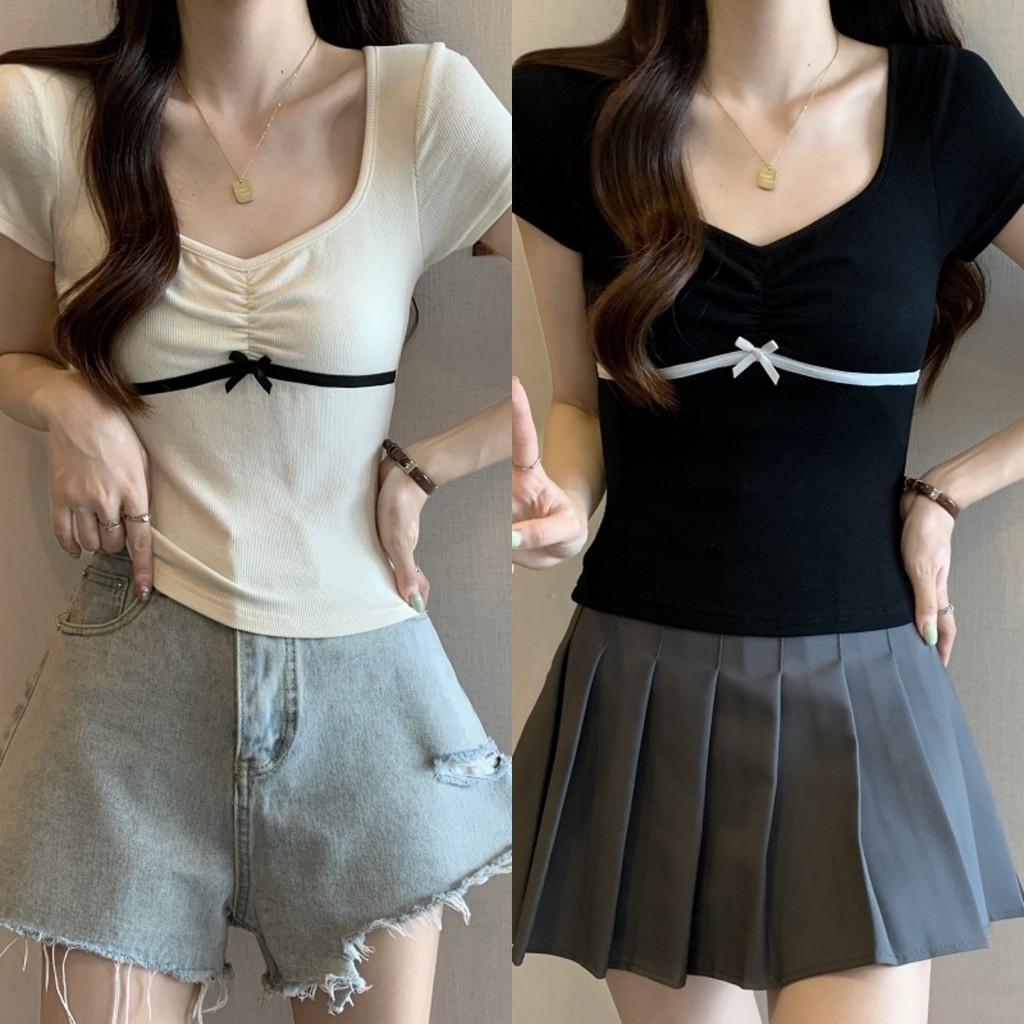 Luna Shop 🍒 พร้อมส่ง 💕 เสื้อยืดแขนสั้นคอเหลี่ยมโบว์อ่อนโยนสไตล์เกาหลีสำหรับผู้หญิง เสื้อยืดแขนสั้นสีตัดกันเรียบง่าย