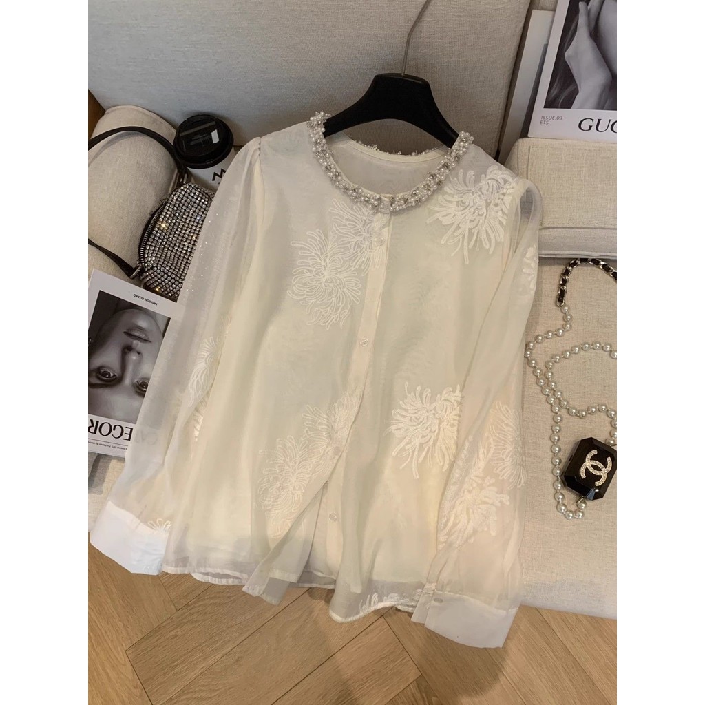High-End คอกลมอุตสาหกรรมหนักปักลูกปัดเสื้อแขนยาวผู้หญิงต้นฤดูใบไม้ผลิแฟชั่น Single-Breasted สวมใส่ด้านนอกเสื้ออินเทรนด์