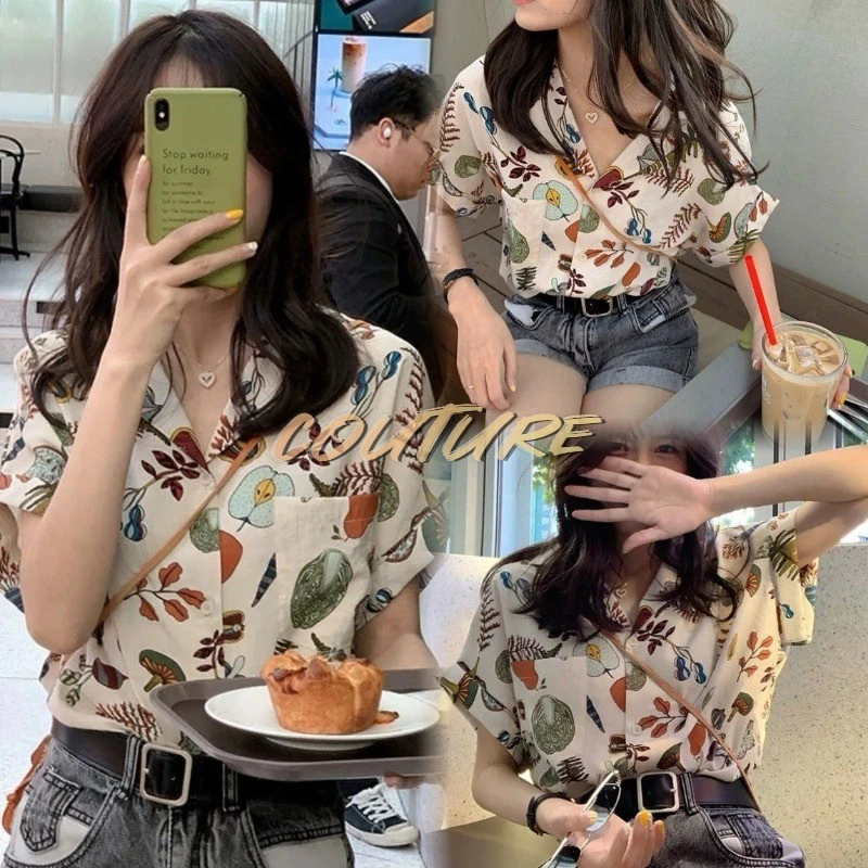 Couture เสื้อเชิ้ตแขนสั้น ผ้าชีฟอง ลายดอกไม้