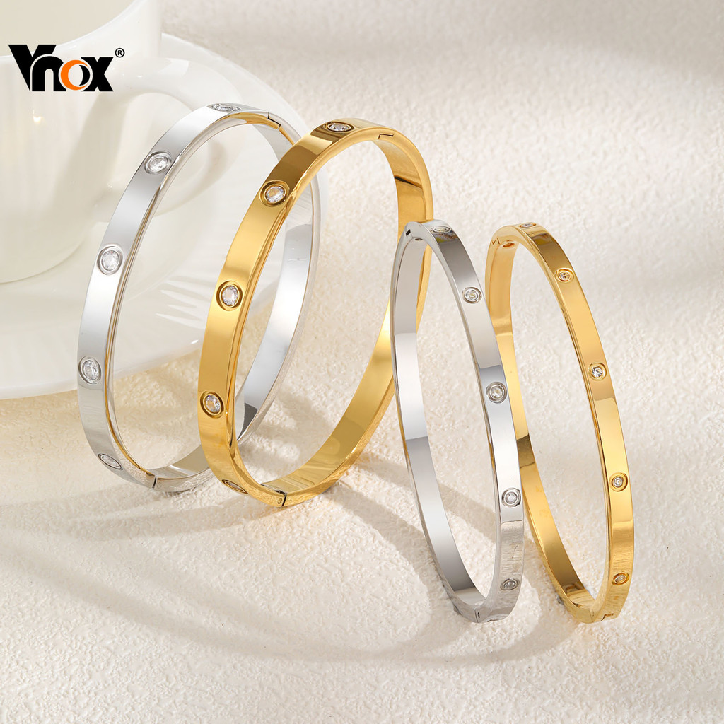 Vnox รอบZircon Cubicเรขาคณิตกําไลข้อมือสร้อยข้อมือผู้หญิง,ทองสแตนเลสเปิดสร้อยข้อมือ Hypoallergenic,แฟชั่นเครื่องประดับขอ