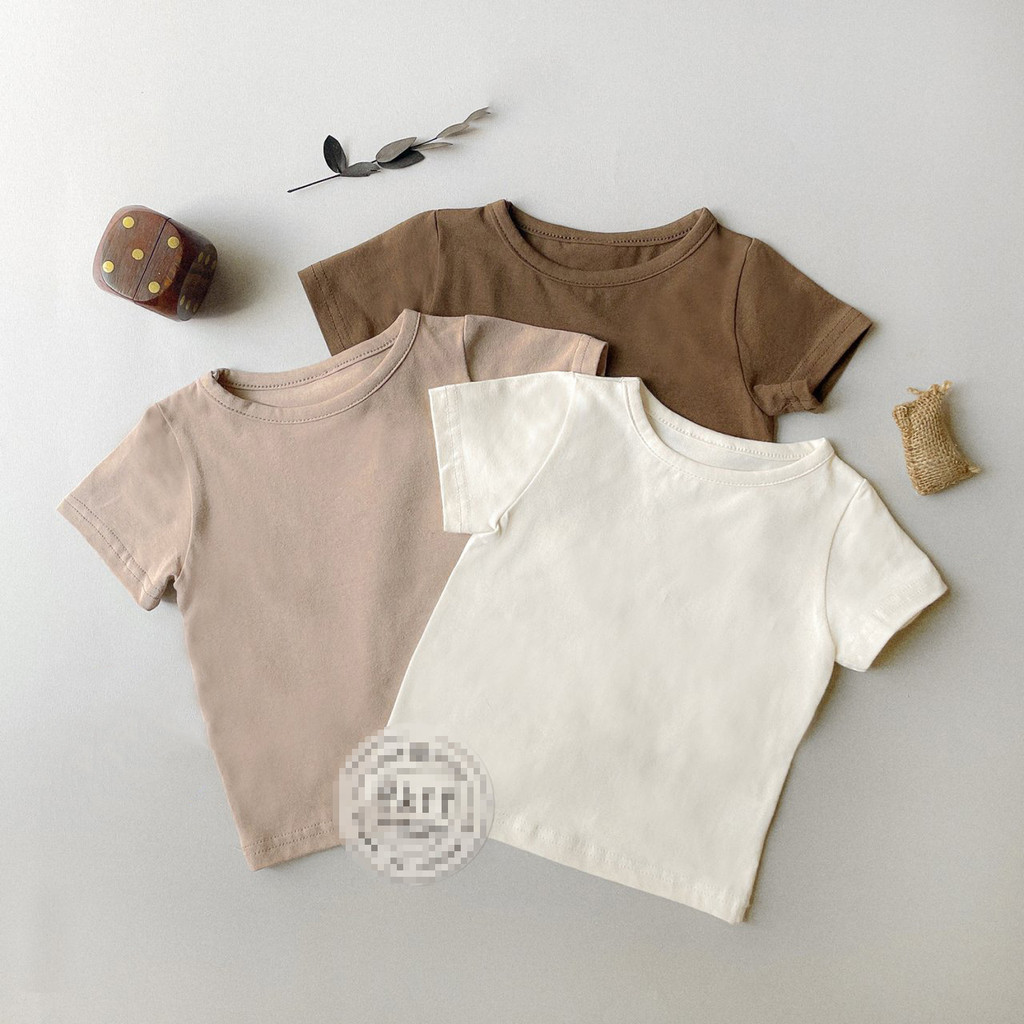 ฤดูร้อนเด็กแขนสั้นชายหญิงทารกรอบคอหวานสีทึบด้านบน