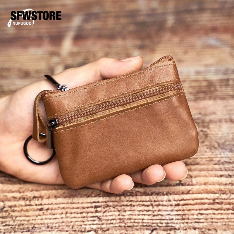 กระเป๋าสตางค์ หนังแท้ ใบสั้น มีซิป ขนาดเล็ก สไตล์เรโทร สําหรับผู้หญิง และผู้ชาย