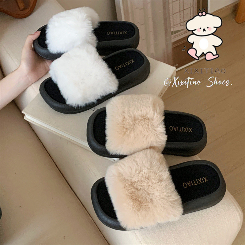 Xixitiao แฟชั่นสวมใส่ด้านนอก Plush Soft-Soled Confinement รองเท้าฤดูใบไม้ร่วงฤดูหนาวสไตล์ใหม่เกาหลีรุ่น ins Keep Warm Home One-Line รองเท้าแตะผ้าฝ้ายผู้หญิง