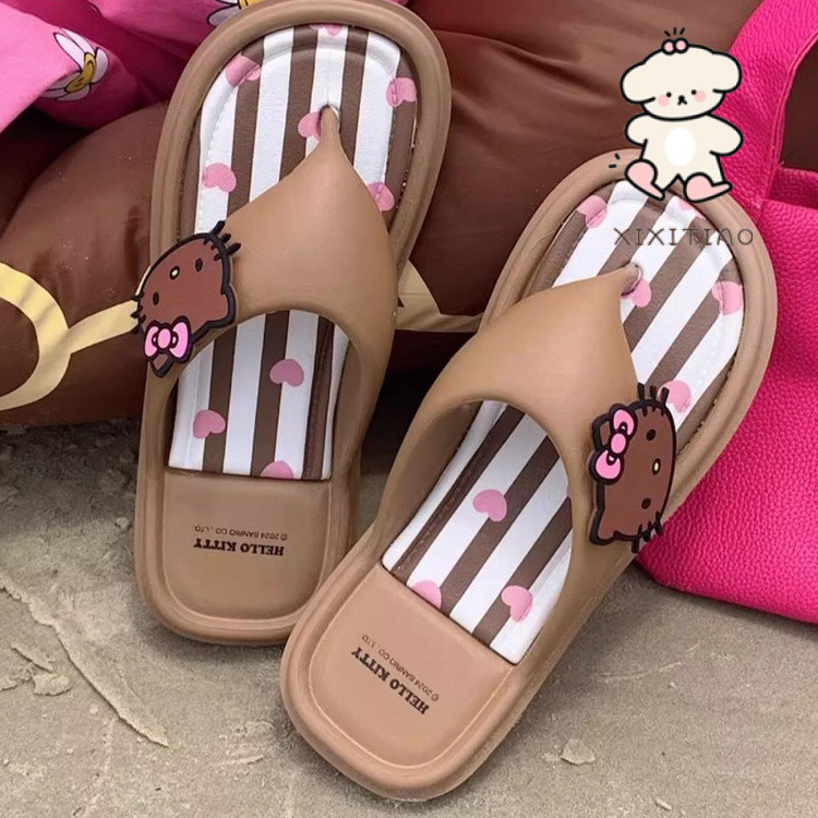 Xitiao ฮาวาย Influencer หวานหนังสีดํา kitty Cat Seaside Flip-Flops หญิงฤดูร้อนน่ารัก ins แบน Flip-Flops รองเท้าแตะรองเท้าแตะ