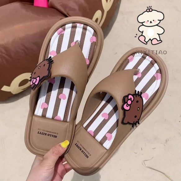 Xitiao ฮาวาย Influencer หวานหนังสีดํา kitty Cat Seaside Flip-Flops หญิงฤดูร้อนน่ารัก ins แบน Flip-Flops รองเท้าแตะรองเท้าแตะ