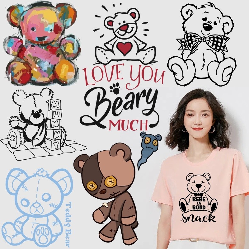 สติกเกอร์พิมพ์หมีน่ารักการถ่ายเทความร้อนสติกเกอร์นําไฟฟ้าความร้อนสติกเกอร์ล้างทําความสะอาดได้ตกแต่งเสื้อยืดและกระเป๋า
