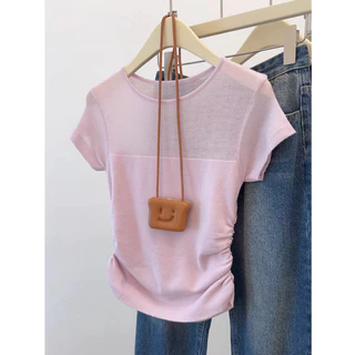 ฤดูร้อนสีทึบรอบคอบางผู้หญิงถักแขนสั้นเสื้อยืด 250308