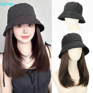 Jsjjingpหมวกชาวประมงวิกผม,หมวกถังสังเคราะห์ผมสั้นตรงหมวกวิกผม,ที่เรียบง่ายฮิปฮอปแฮร์พีชปุยฤดูร้อนบังแดดวิกเดินทาง