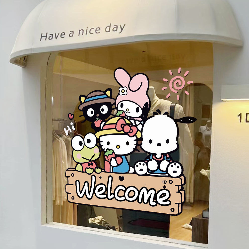 ลายสติ๊กเกอร์กระจกการ์ตูนต้อนรับ ตกแต่งหน้าต่างร้านค้า น่ารัก สร้างสรรค์ สติ๊กเกอร์ประตูและหน้าต่าง