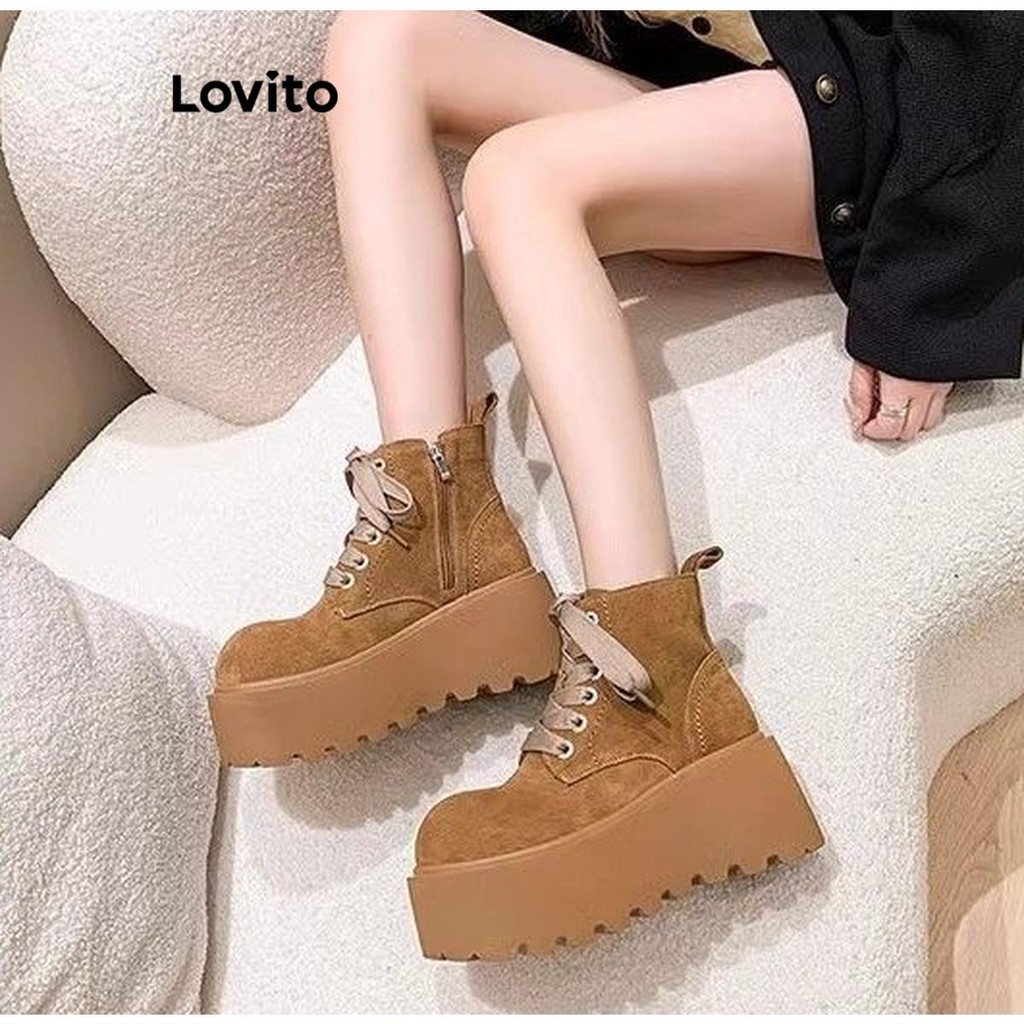Lovito วินเทจวินเทจสีพื้นกลางหลอด Maillard อเนกประสงค์กระโปรงหนา Soled Martin รองเท้าแฟชั่น Boot สําหรับผู้หญิง  LFA60393