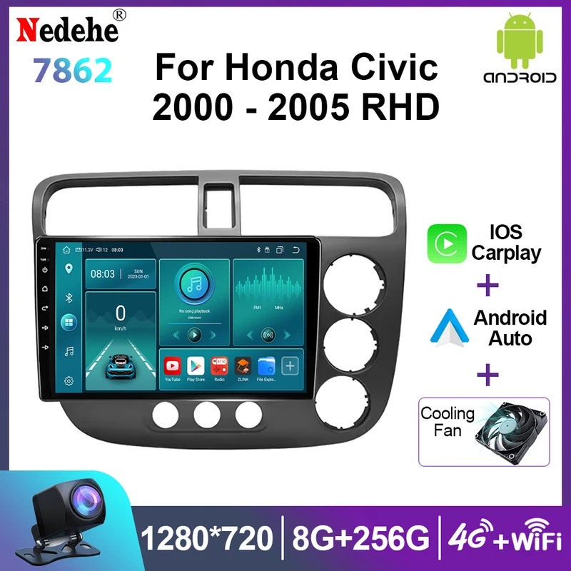 9 นิ้ว Android 14 Carplay อัตโนมัติ สำหรับ Honda Civic ปี 2000 - 2006 เครื่องเสียงรถยนต์ เครื่องเล่น
