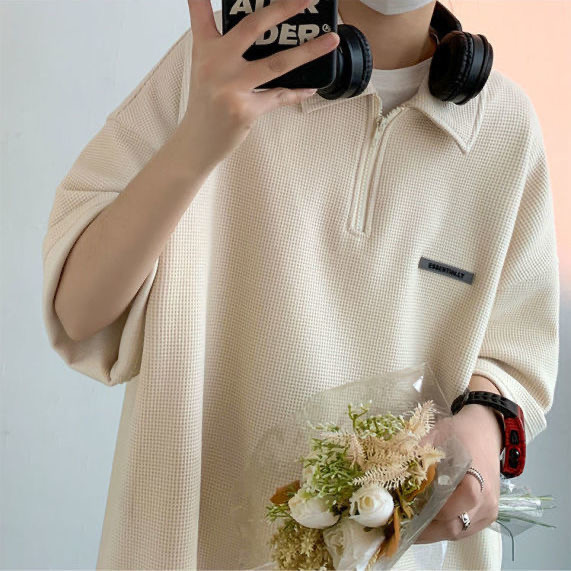 M＆M เสื้อโปโล ผ้าวาฟเฟิล เสื้อยืดมีซิป สไตล์วิทยาลัย ผ้าฝ้ายวาฟเฟิล สบายๆ กีฬาและสันทนาการ เสื้อผ้าคู่รัก - รูปที่ 4