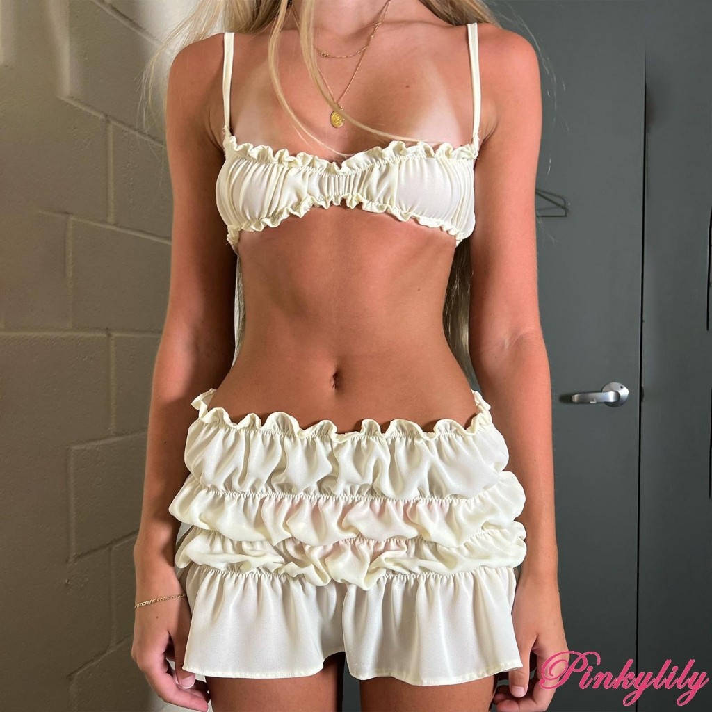 Pink -ผู้หญิง ́ 2 ชิ้นกระโปรงชุดสีทึบสปาเก็ตตี้ Frills แขนกุด Cami Tops กระโปรงมินิชุดเสื้อผ้า