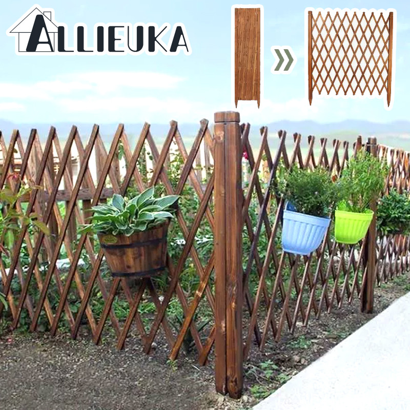 Allieuka รั้วตกแต่งสวน รั้วไม้แบบยืดหดได้ DIY เสียบดินได้ รั้วสวน พื้นเรียบ ไม่เน่าเสียง่าย แข็งแรงทนทาน