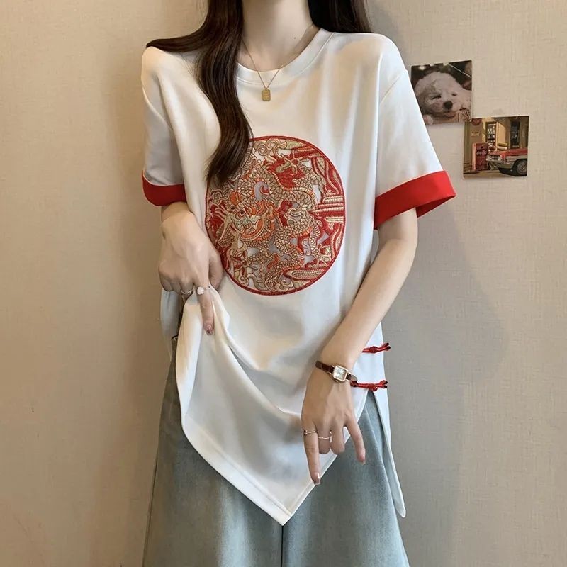 ใหม่ เสื้อยืดแขนสั้น ปักลาย สไตล์จีน ระดับไฮเอนด์ ขนาดใหญ่ สําหรับผู้หญิง 4.11