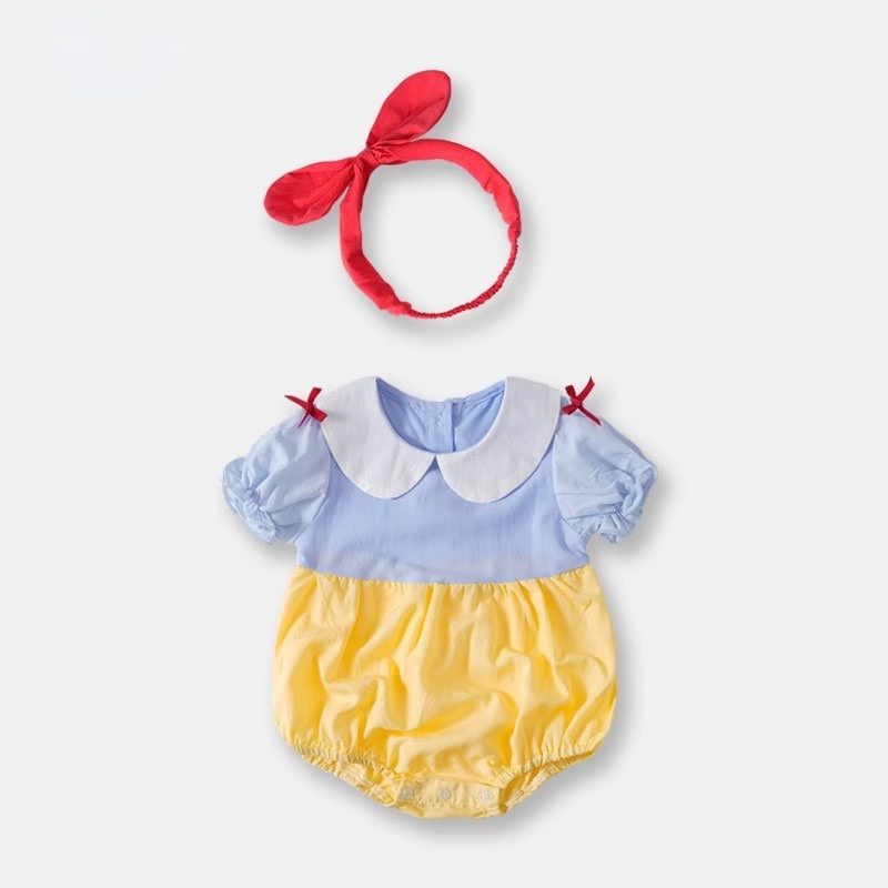 ชุดจั๊มสูทรอมเปอร์ แขนสั้น เนื้อผ้าฝ้าย พร้อมที่คาดผม สีพื้น สําหรับเด็กผู้หญิง อายุ 0-2 ปี - รูปที่ 3