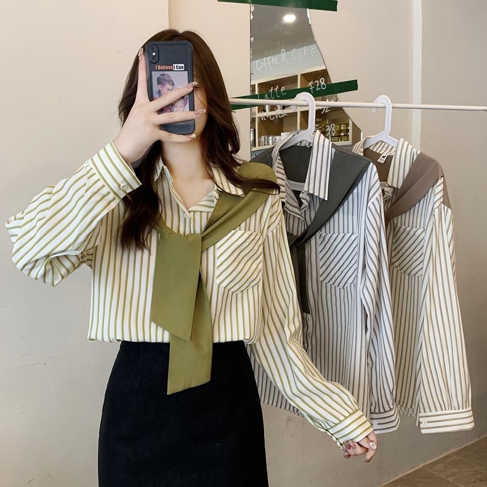KOKO W334❤️เสื้อเชิ้ตแขนยาวลายทาง คอตั้ง ผ้าคลุมไหล่ปลอม เสื้อทรงหลวมมีกระเป๋า แฟชั่นสไตล์เกาหลี