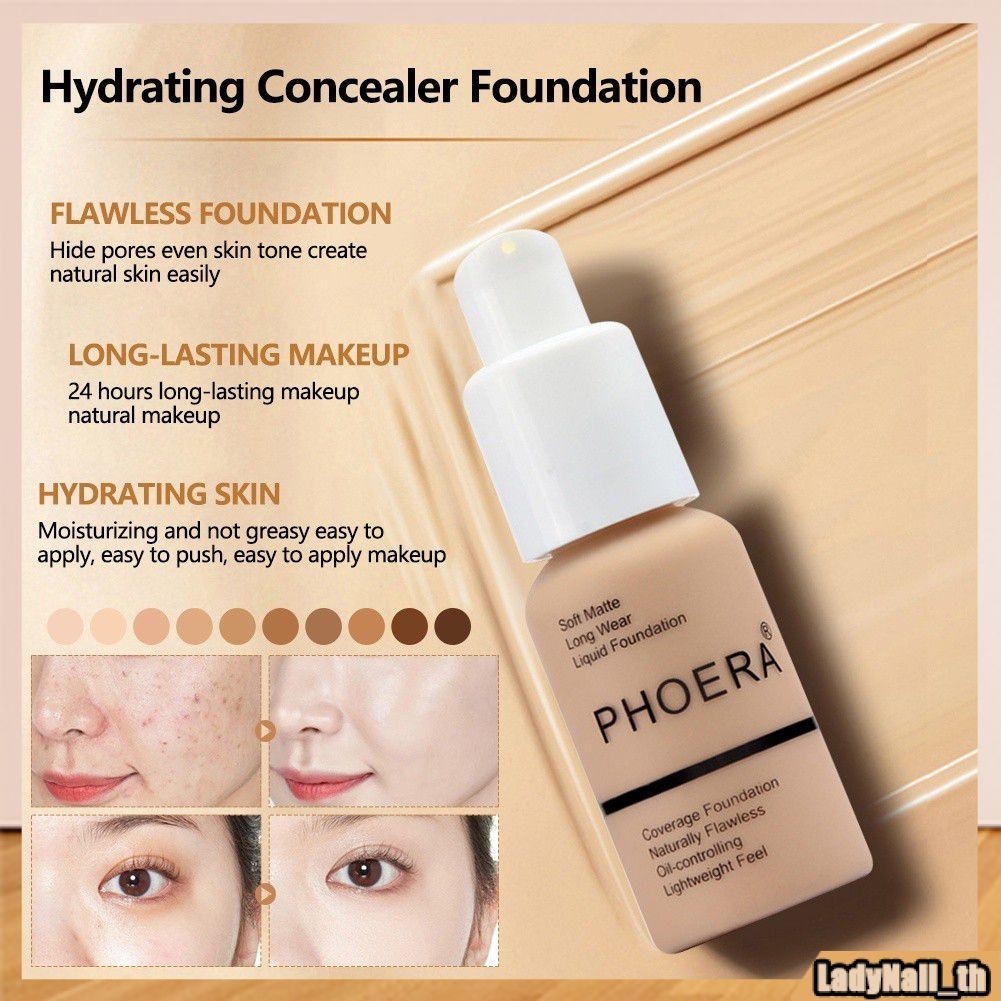 Phoera เบสครีม 10 สี กันน้ํา กันเหงื่อ ติดทนนาน ควบคุมความมัน ชุ่มชื้น กระจ่างใส ปกปิดผิวหน้า ฝ้า โทนสี ใบหน้า รองพื้น ฐาน