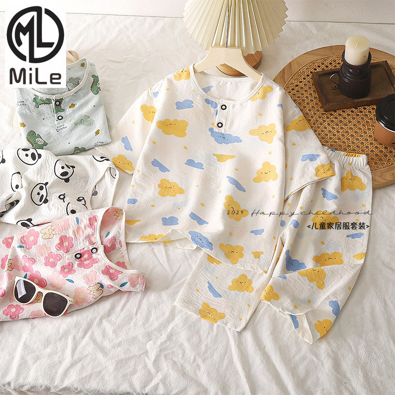 [ML] 80-160 ซม. เด็ก ฤดูร้อน ชุดบ้าน เด็กผู้หญิง แขนสามส่วน พิมพ์ลายการ์ตูน ชุดนอนผ้าฝ้าย เมฆ