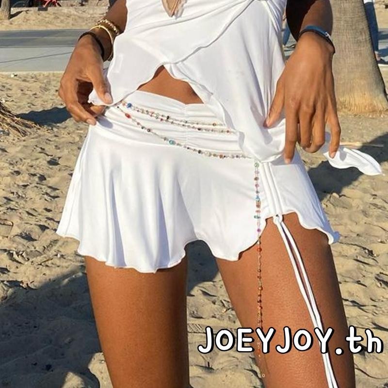 Joeyjoy-กระโปรงสั้นแต่งระบายสีพื้นสำหรับผู้หญิง ช่วงอก ช่วงฤดูร้อน เชือกผูกด้านหน้า