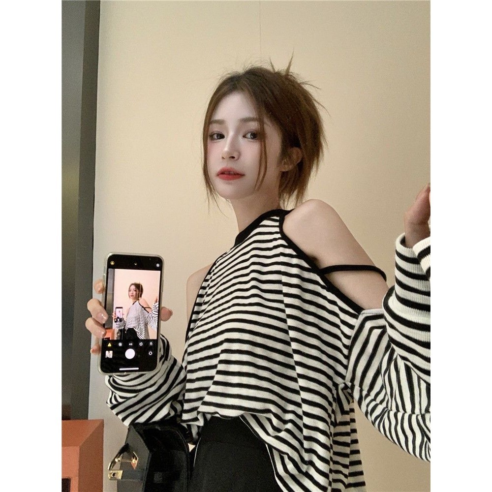 เสื้อแขนยาว เปิดไหล่ ทรงหลวม ลายทาง สีหวาน สําหรับผู้หญิง