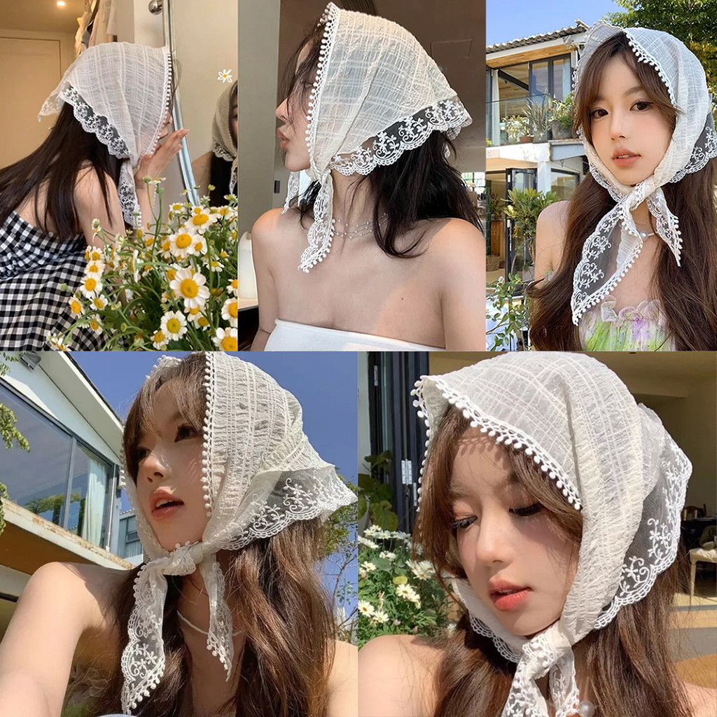 ผ้าโพกหัว ผ้าโพกหัว ทรงสามเหลี่ยม แต่งลูกไม้ สีขาว แฟชั่นฤดูร้อน สําหรับผู้หญิง