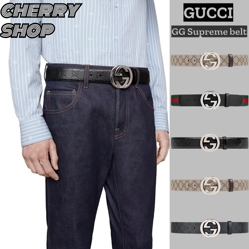 แบรนด์ใหม่และเป็นของแท้/กุชชี่ Gucci GG Supreme Canvas Belt With Interlocking Double G Buckle เข็มขัด Men's Belts 4CM