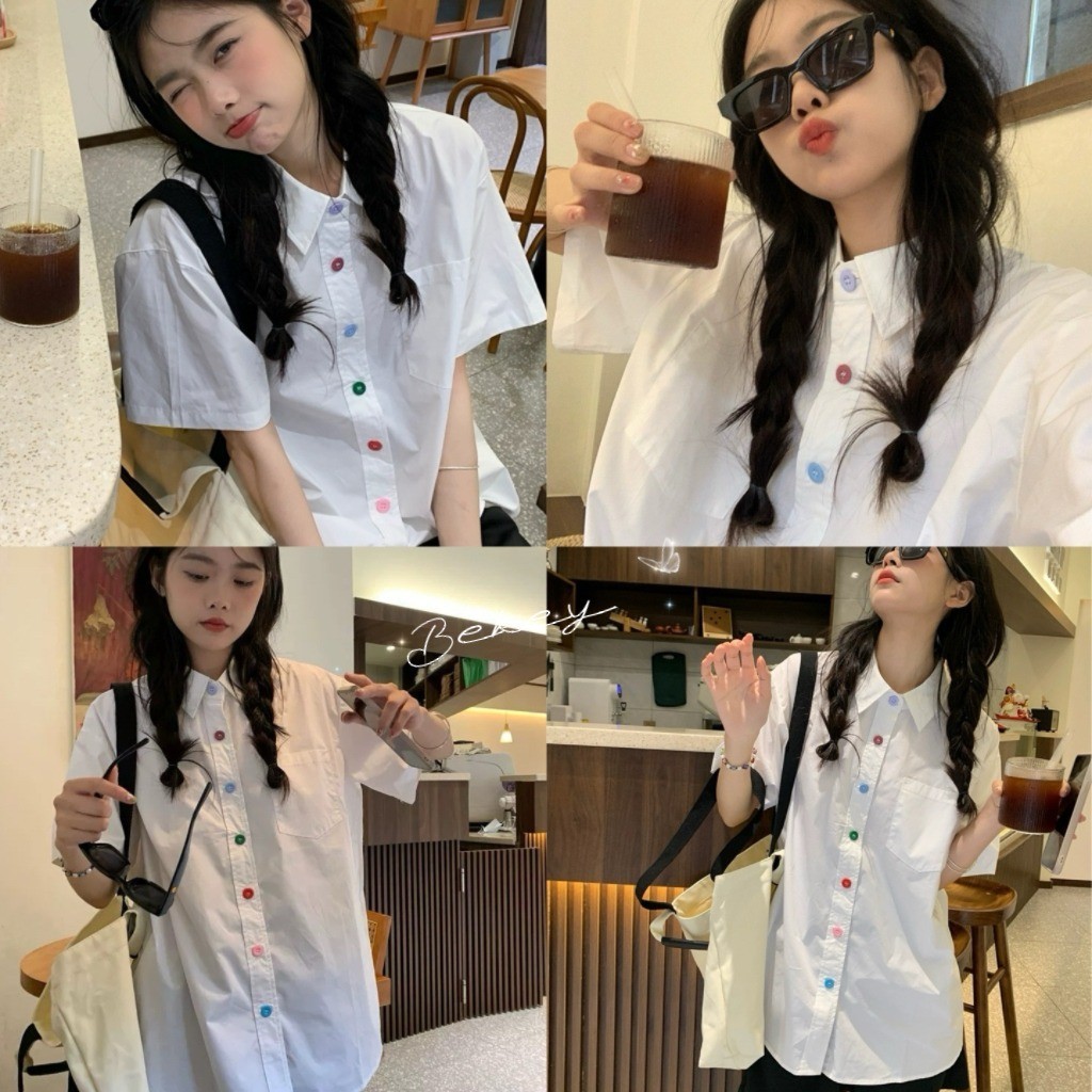 (พร้อมส่งจากกรุงเทพ ) เสื้อเชิ้ตแขนสั้นทรงหลวมของผู้หญิง เสื้อลำลองสีขาวฤดูร้อน Z055