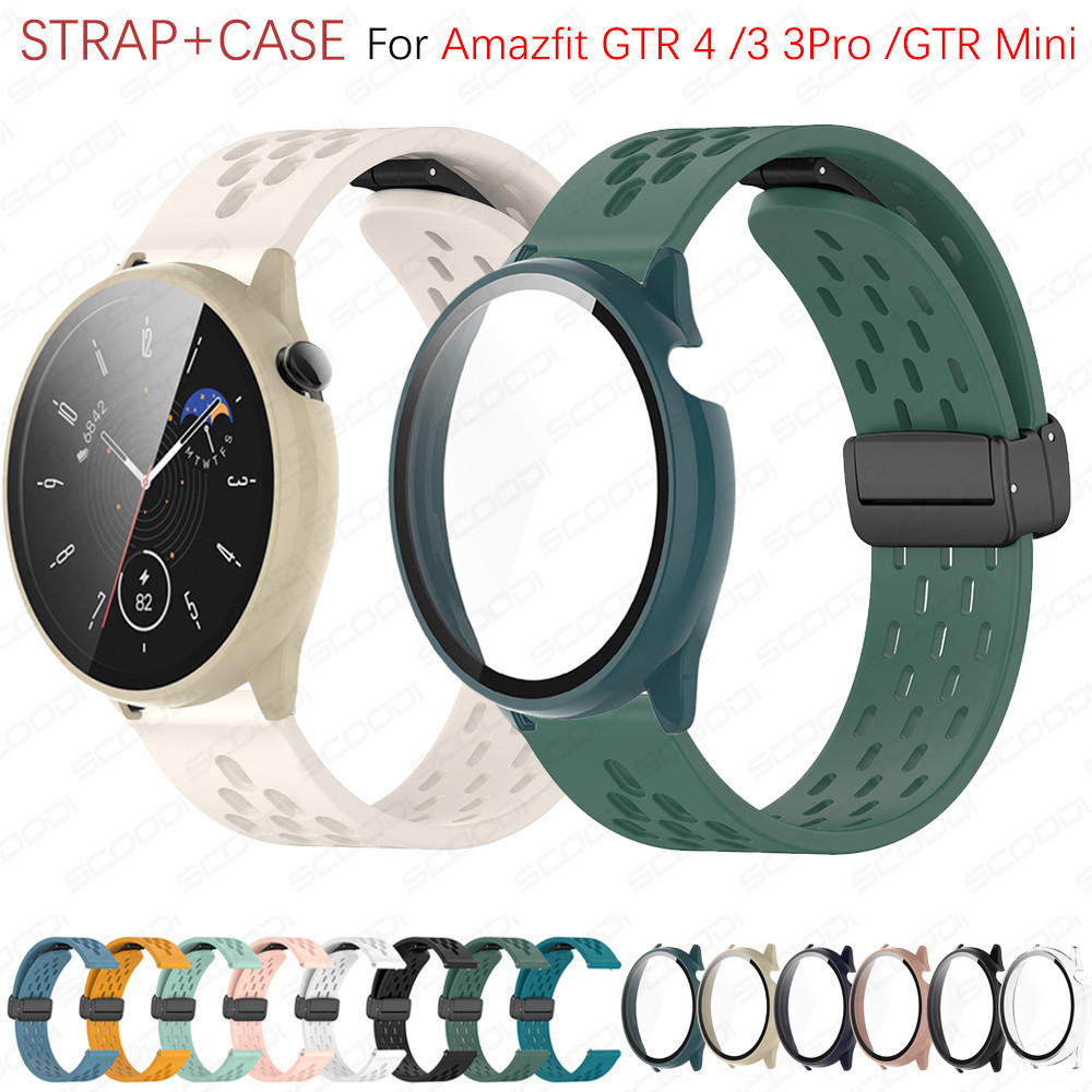 สายรัดเข ็ มกลัดแม ่ เหล ็ กพร ้ อมเคสแก ้ วพีซีสําหรับ Amazfit GTR Mini/Amazfit GTR 4 Amazfit GTR 3/3Pro Breathable Soft Silicone Bracelet band cover