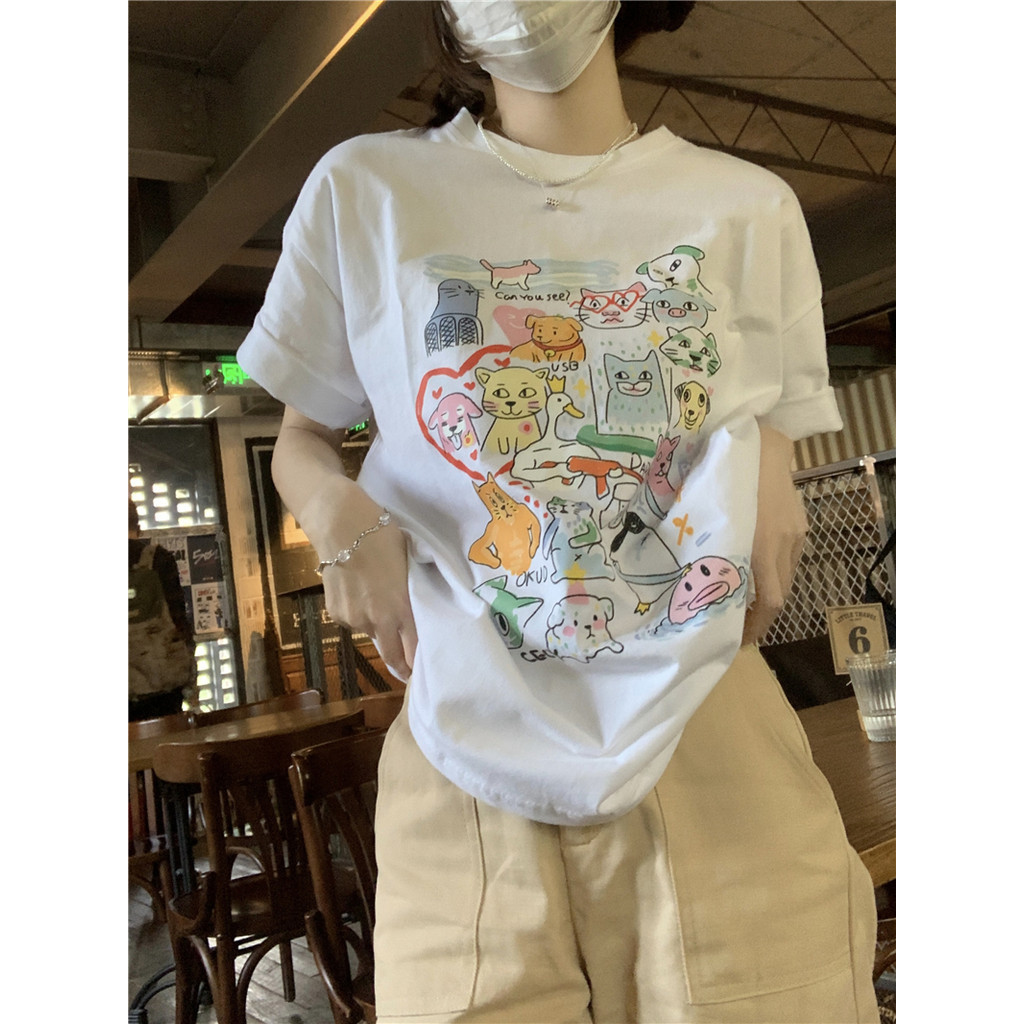 （จัดส่งตลอด 24 ชั่วโมง）Angle Official Oversize ผ้าCotton 100% แฟชั่นสไตล์เกาหลี T-Shirt โอเวอร์ไซส์ สกรีนลายสวยงาม