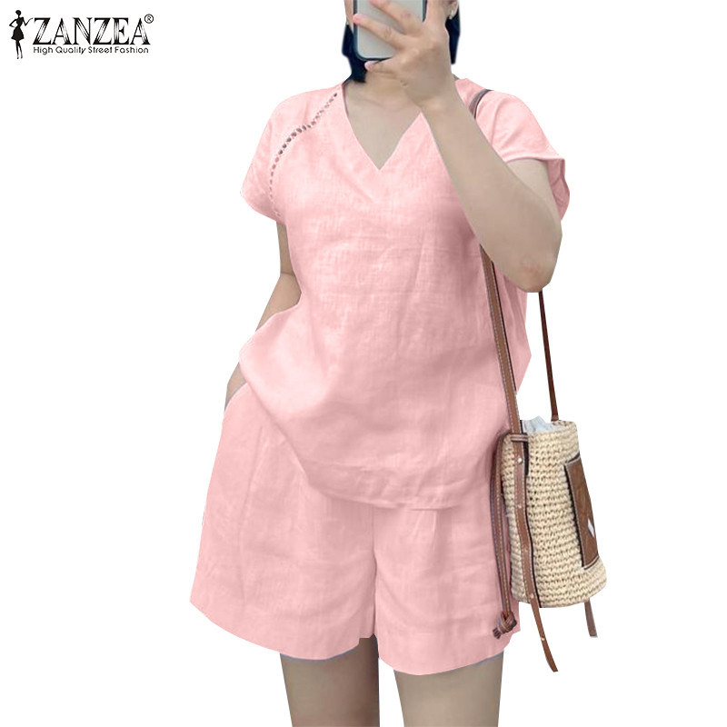 Zanzea ผู ้ หญิงวินเทจลําลองกระเป ๋ าคอวีแขนสั ้ นชุดเอวยางยืด