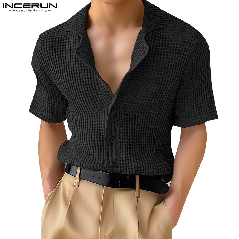 Incerun เสื ้ อเชิ ้ ตแขนสั ้ นลําลองผู ้ ชายเกาหลี