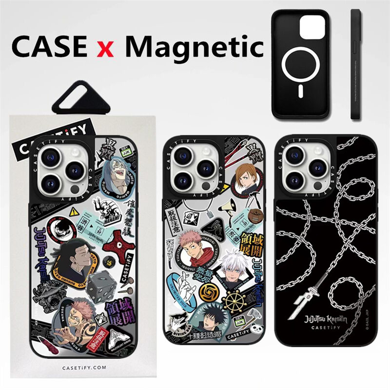 Casetifg Jujutsu Kaisen ป้ายแม่เหล็กชาร์จกระจกเคสโทรศัพท์พร้อมกล่องสําหรับ iPhone 12 13 14 15 Pro Max 14 15 Plus คุณภาพสูงด้านข้างตัวอักษร Carve กันกระแทกป้องกัน Hard ฝาหลัง
