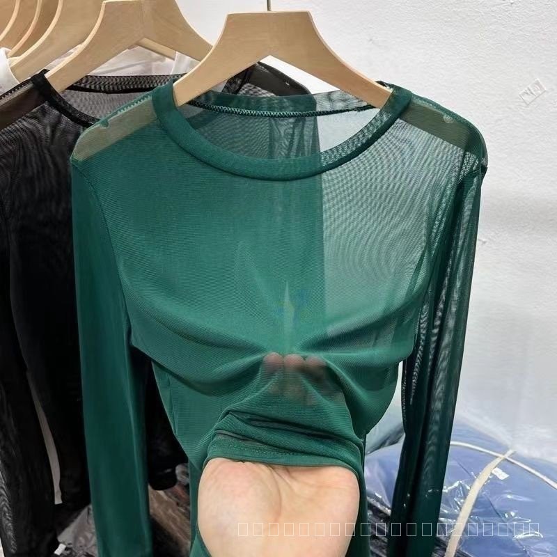 ขายร้อน Gauze Bottoming เสื้อผู้หญิงแขนยาว 2023 ฤดูใบไม้ผลิใหม่สไตล์ Slim-Fit ภายในเสื้อยืดขนาดใหญ่ Hollow เซ็กซี่ผ้ากอซ CA