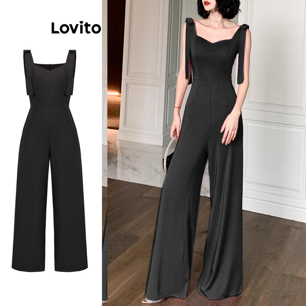Lovito จั้มสูทผู้หญิง มีสายผูก สีพื้น สไตล์โบโฮ L86ED304