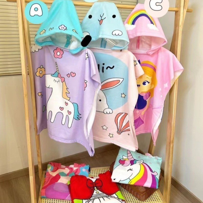 ผ้าขนหนูสำหรับเด็ก กระทกการ์ตูนน่ารัก อ่อนนุ่มใส่สบาย ไม่ร่วงขน ความดูดน้ำดีและเหงื่อเร็ว รูปแบบที่สามารถใส่ได้