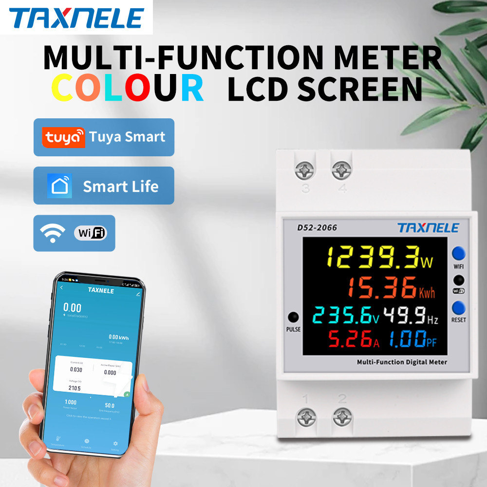 Tuya WiFi 6IN1 AC 220V แรงดันไฟฟ ้ า Current Power Factor KWH ไฟฟ ้ า Energy Frequency Meter D52-206