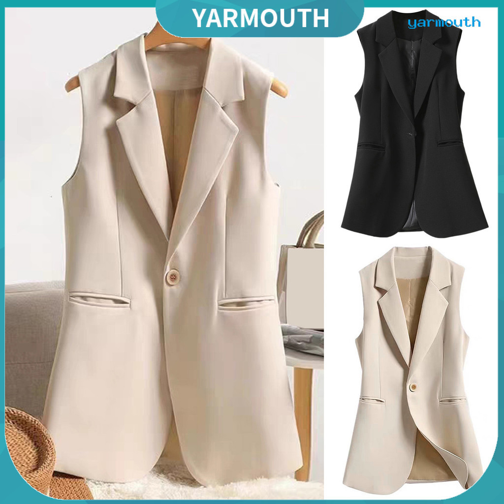 ปี–ผู้หญิงฤดูร้อนสูทเสื้อกั๊กปกแขนกุดกระเป๋าออกแบบปุ่มเดียวเสื้อกั๊กสลิมฟิตสีทึบทํางานสํานักงานสไตล์เสื้อกั๊กเสื้อ