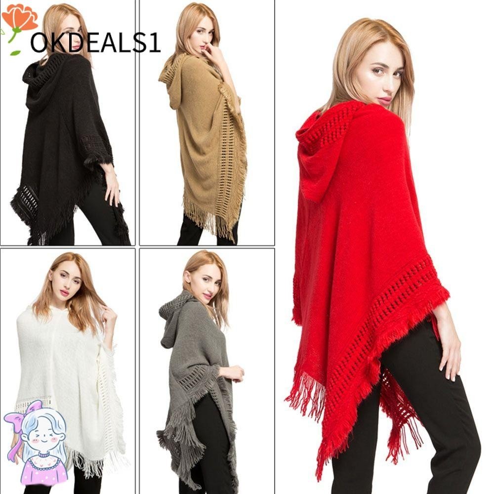 Dealshop ผ้าคลุมไหล่ ผ้าถัก มีฮู้ด ฤดูหนาว อบอุ่น โบฮีเมียน สุภาพสตรี พู่ ผ้าคลุมไหล่ หรูหรา หรูหรา เฉียง ลายทาง ผ้าพันคอ เสื้อคลุม